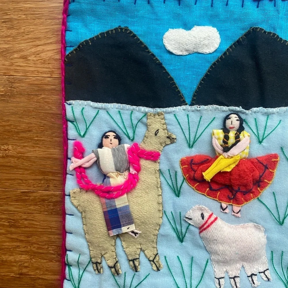 Vintage Peruvian handmade arpillera folk art wall Tapestry 19x16